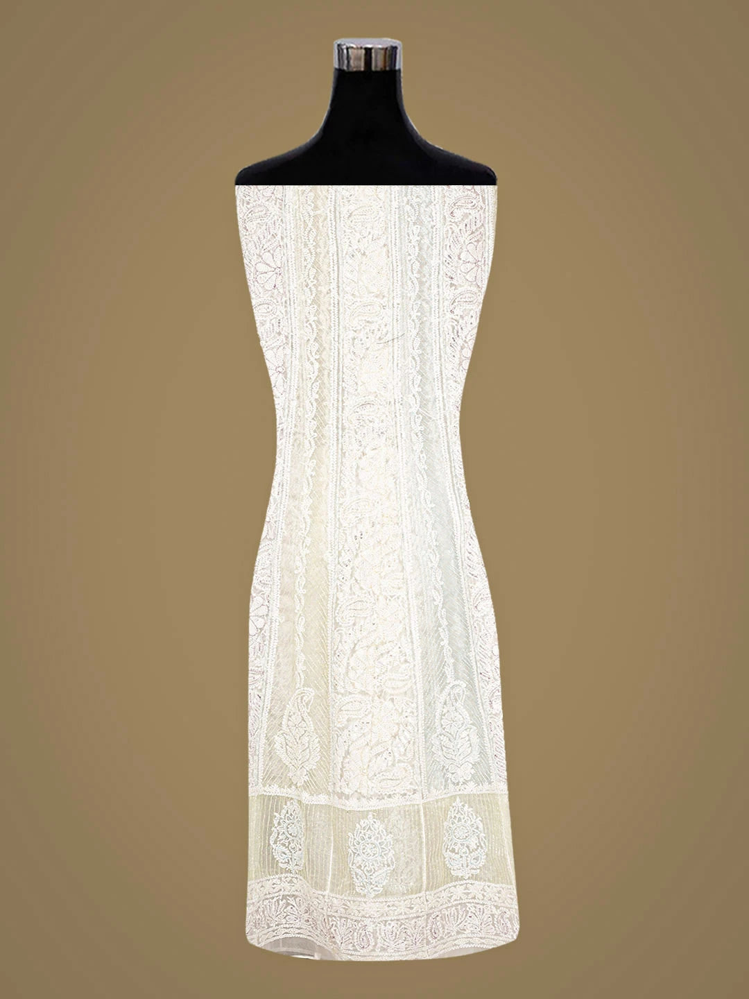 Ada Hand Embroidered White Organza Lucknowi Chikankari Semi-Stitched Anarkali Kurta Dupatta Set With Cutdana Work 01A897649