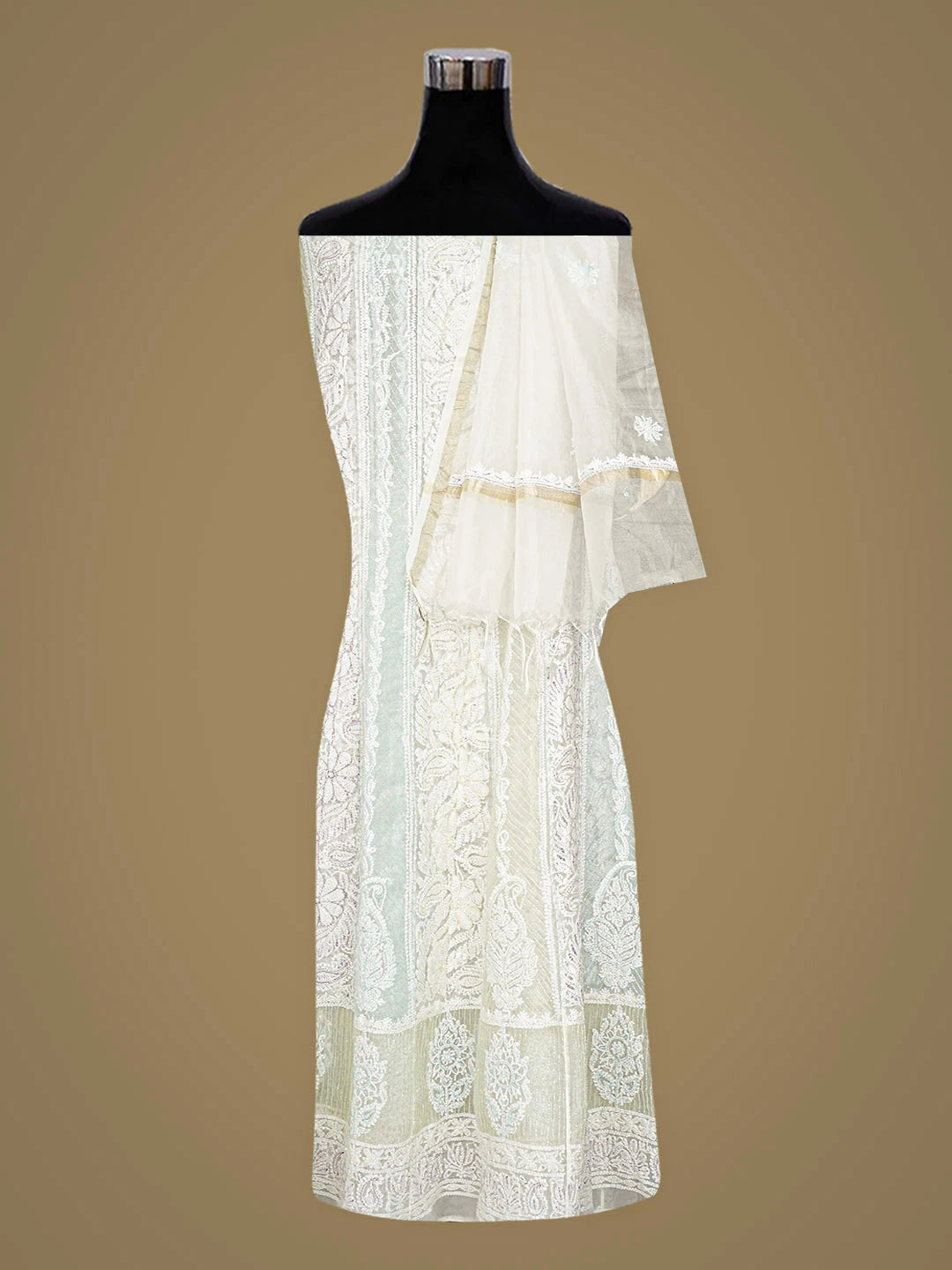 Ada Hand Embroidered White Organza Lucknowi Chikankari Semi-Stitched Anarkali Kurta Dupatta Set With Cutdana Work 01A897649
