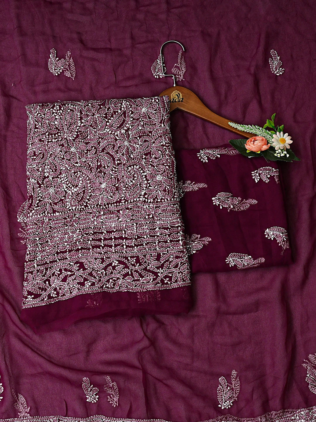 Ada Hand Embroidered Wine Georgette Lucknowi Chikankari Unstitched Suit Piece 01A915170