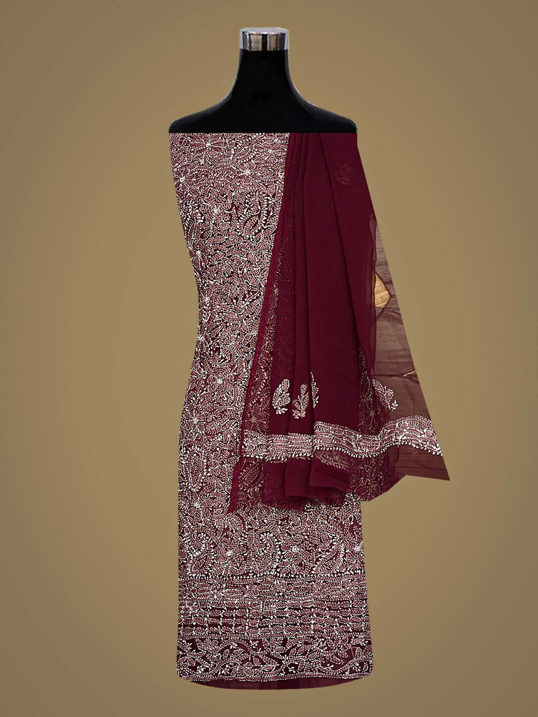Ada Hand Embroidered Wine Georgette Lucknowi Chikankari Unstitched Suit Piece 01A915170