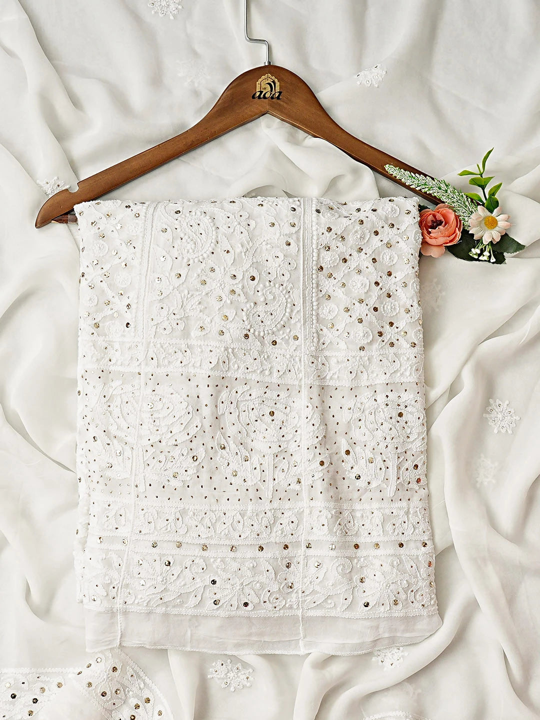Ada Hand Embroidered White Viscose Georgette Lucknowi Chikankari Semi-Stitched Anarkali Kurta Dupatta Set  With Muqaish Work 01A826492