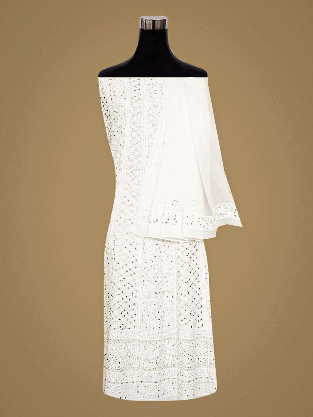 Ada Hand Embroidered White Viscose Georgette Lucknowi Chikankari Semi-Stitched Anarkali Kurta Dupatta Set  With Muqaish Work 01A826492