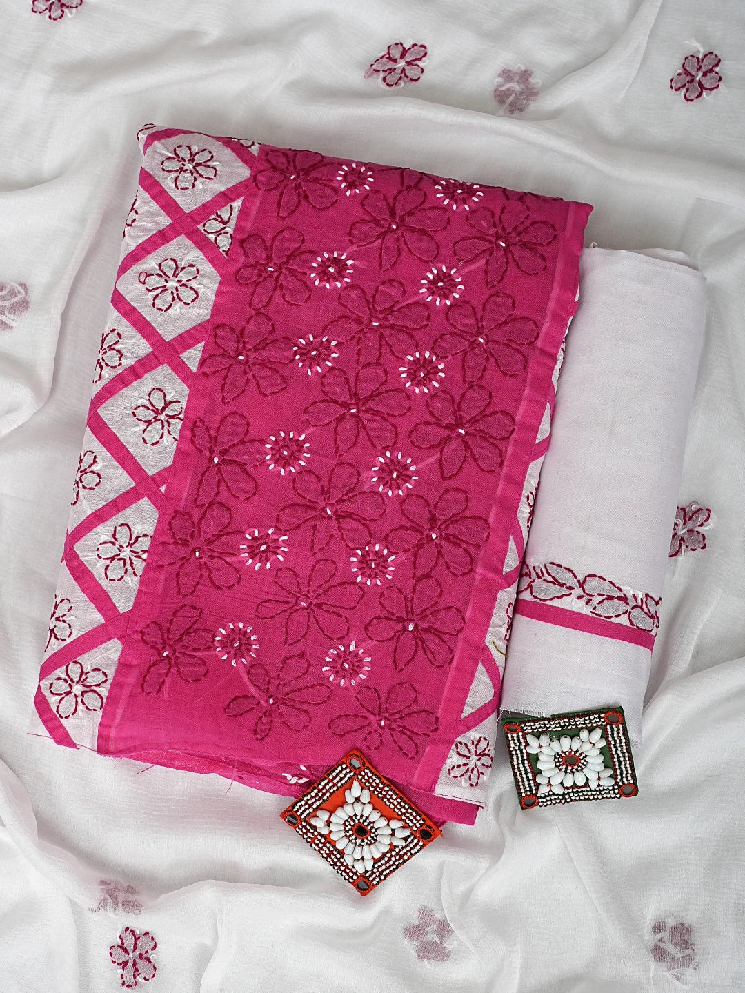 Ada Hand Embroidered Magenta Cotton Lucknowi Chikankari Unstitched Suit Piece 01A883210