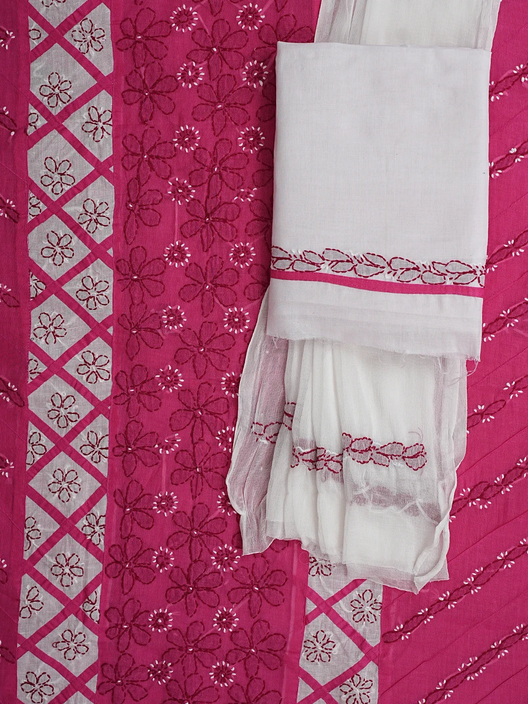 Ada Hand Embroidered Magenta Cotton Lucknowi Chikankari Unstitched Suit Piece 01A883210
