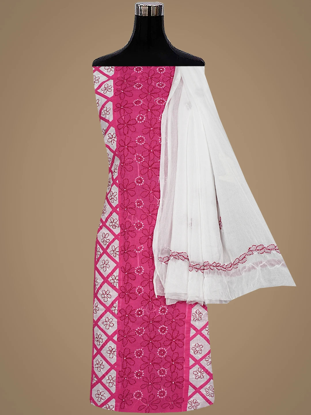 Ada Hand Embroidered Magenta Cotton Lucknowi Chikankari Unstitched Suit Piece 01A883210
