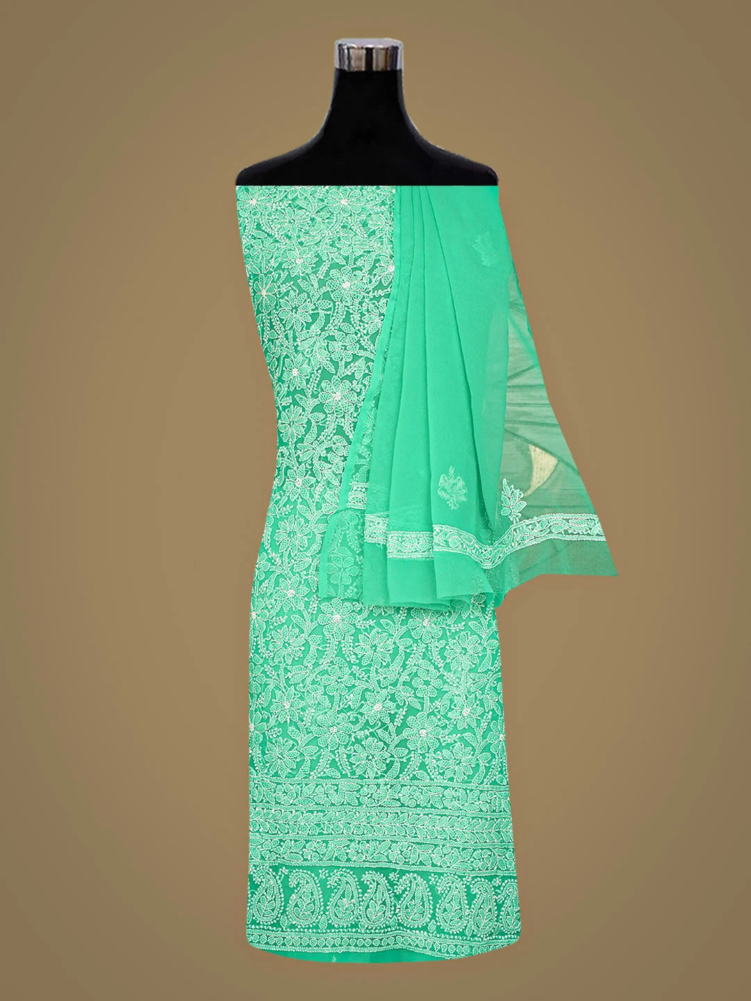 Ada Hand Embroidered Rama Green Georgette Lucknowi Chikankari Unstitched Suit Piece 01A915226