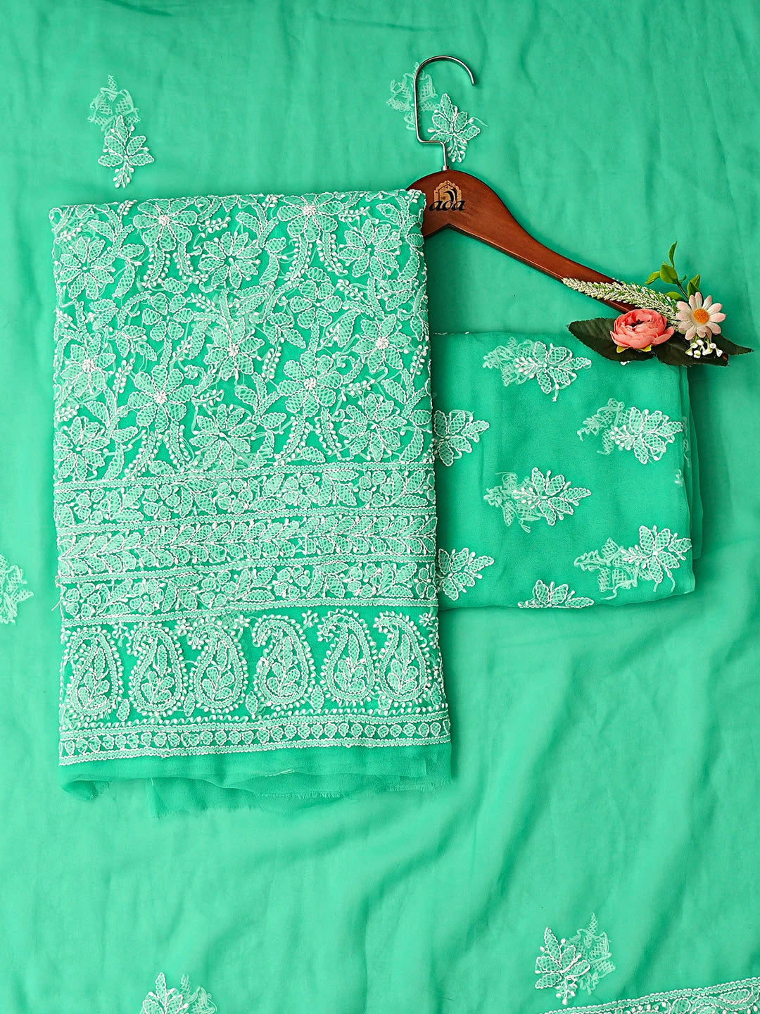 Ada Hand Embroidered Rama Green Georgette Lucknowi Chikankari Unstitched Suit Piece 01A915226