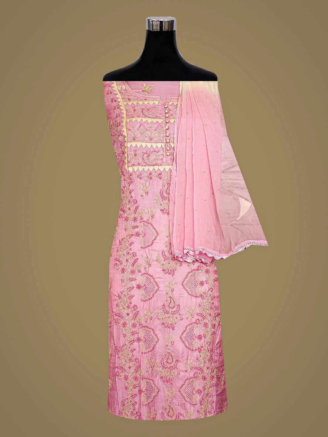 Ada Hand Embroidered Pink Silk Lucknowi Chikankari Semi-stitched Suit Piece with Muqaish Work 01A832492