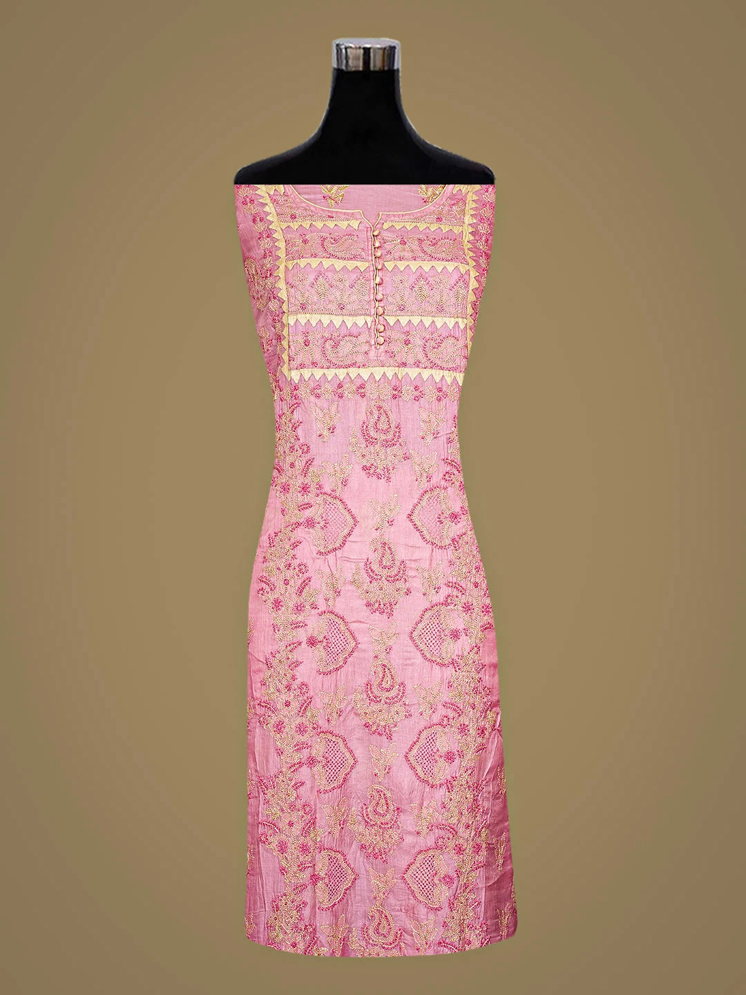 Ada Hand Embroidered Pink Silk Lucknowi Chikankari Semi-stitched Suit Piece with Muqaish Work 01A832492