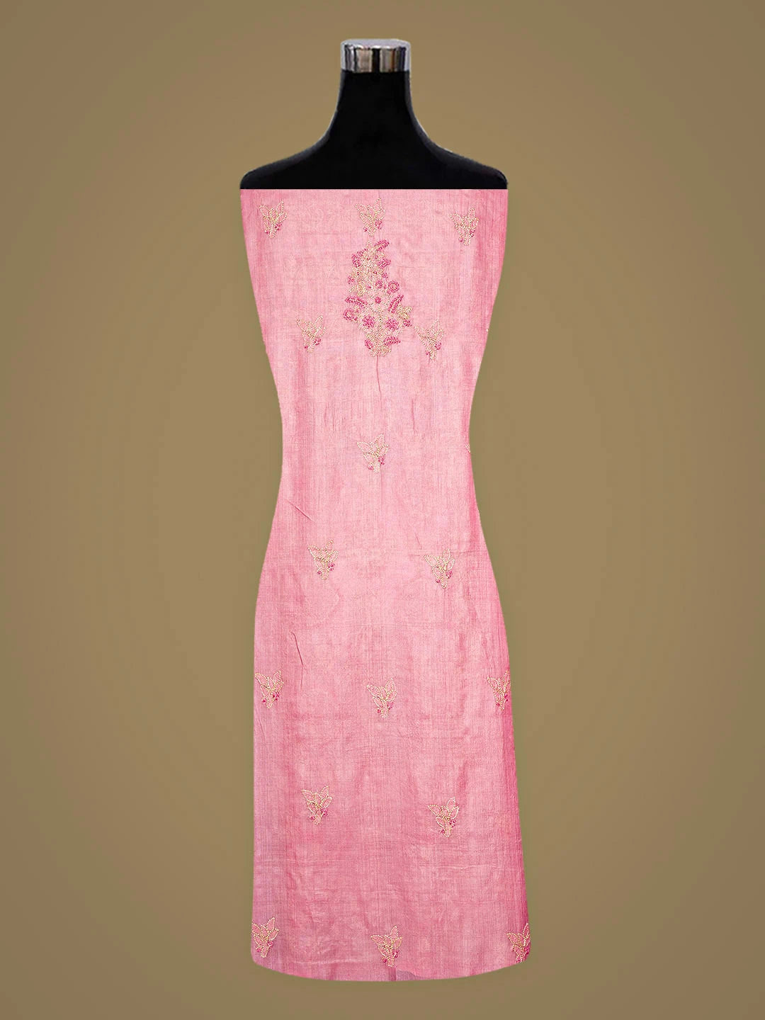 Ada Hand Embroidered Pink Silk Lucknowi Chikankari Semi-stitched Suit Piece with Muqaish Work 01A832492