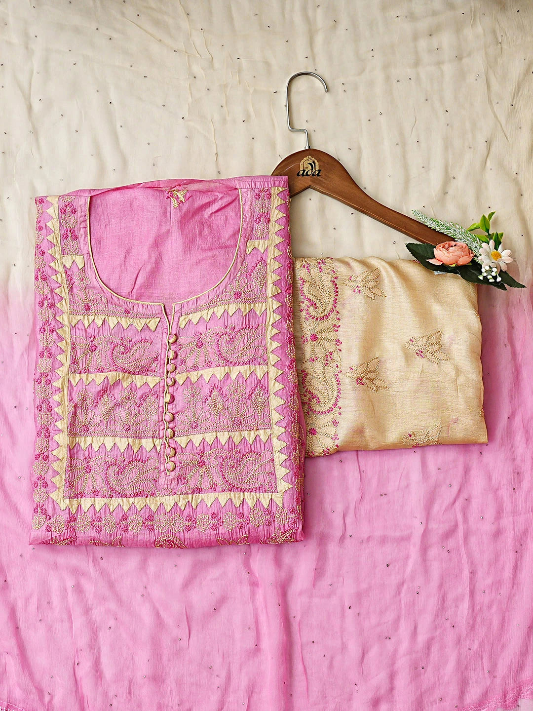 Ada Hand Embroidered Pink Silk Lucknowi Chikankari Semi-stitched Suit Piece with Muqaish Work 01A832492