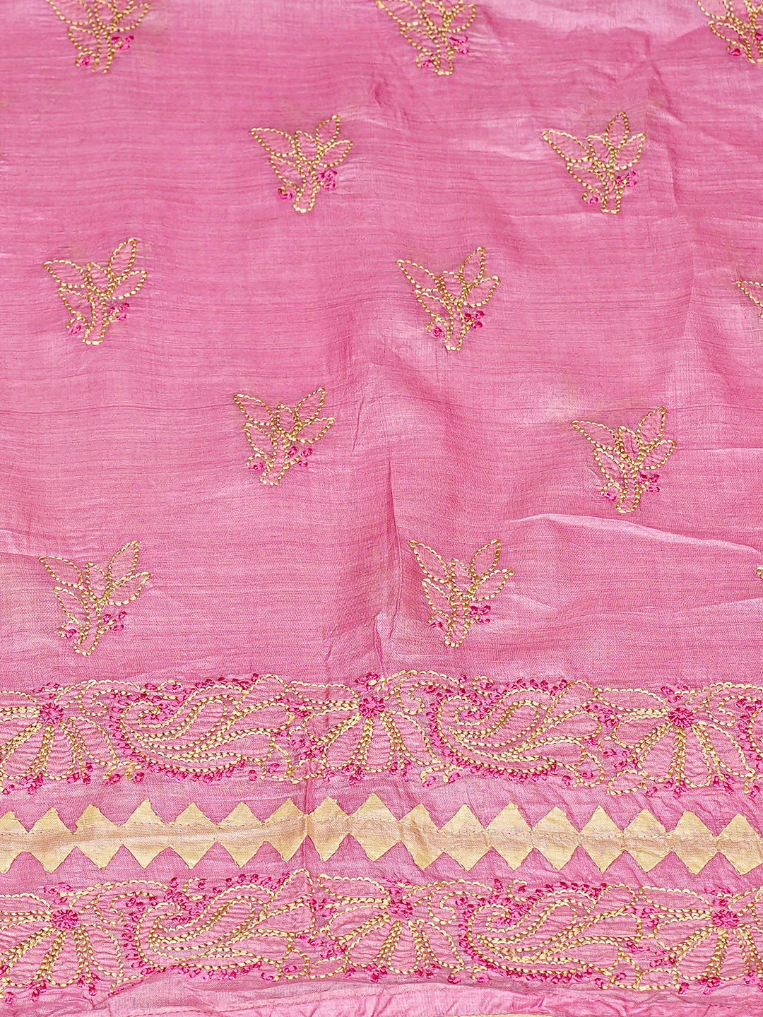 Ada Hand Embroidered Pink Silk Lucknowi Chikankari Semi-stitched Suit Piece with Muqaish Work 01A832492