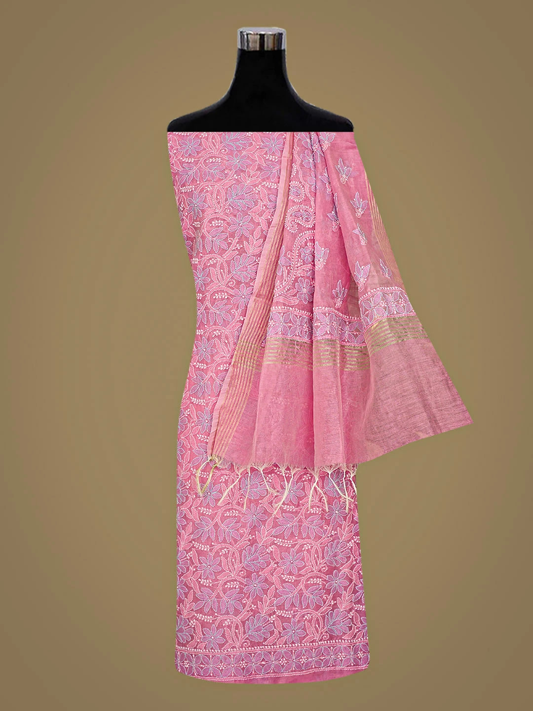 Ada Hand Embroidered  Flamingo Pink Chanderi Lucknowi Chikankari Kurta Dupatta Set 01A920963