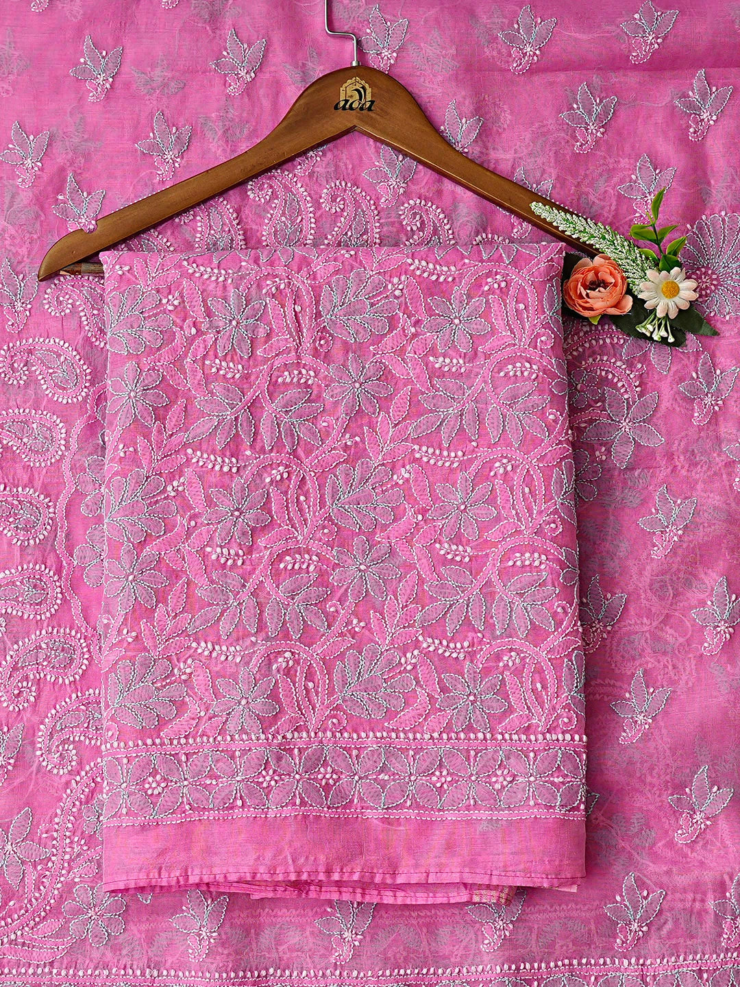 Ada Hand Embroidered  Flamingo Pink Chanderi Lucknowi Chikankari Kurta Dupatta Set 01A920963