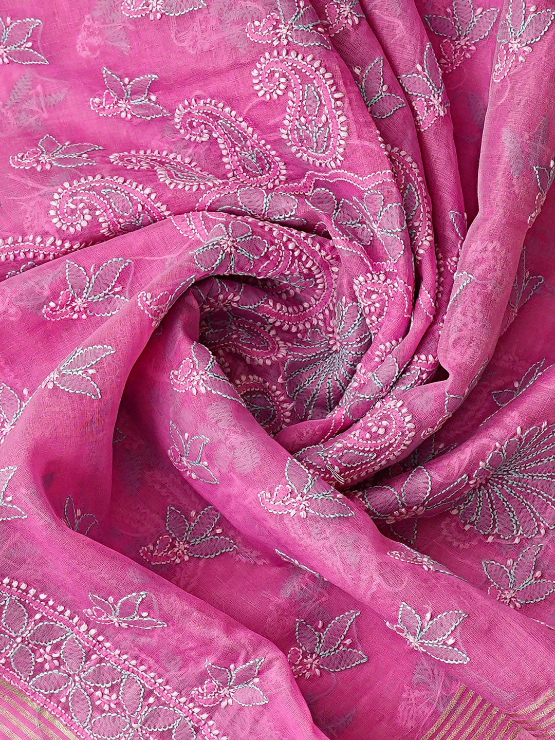 Ada Hand Embroidered  Flamingo Pink Chanderi Lucknowi Chikankari Kurta Dupatta Set 01A920963