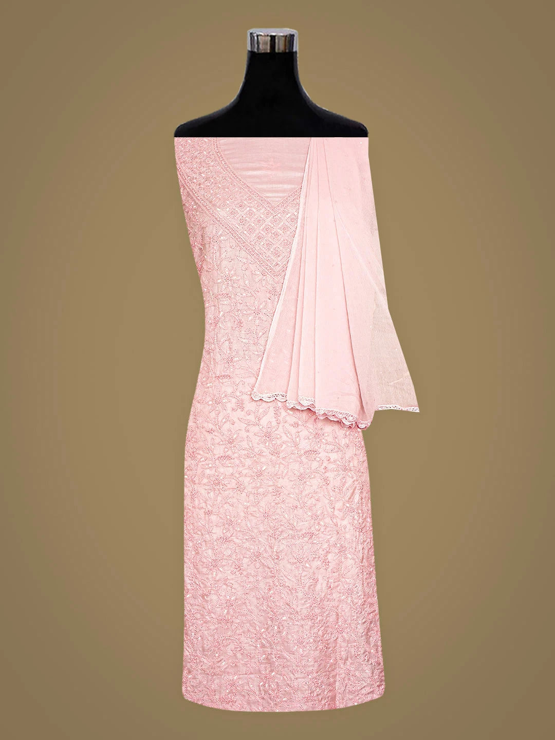 Ada Hand Embroidered Pink Silk Lucknowi Chikankari Unstitched Suit Piece with Cutdana Work 01A702849