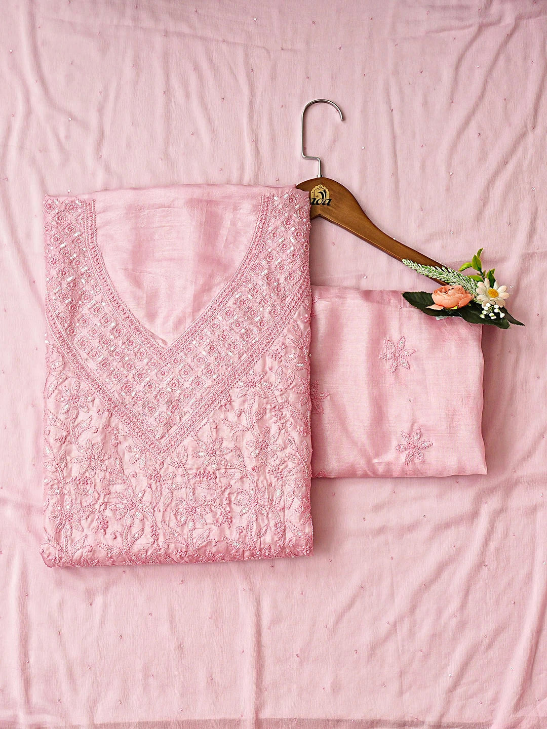 Ada Hand Embroidered Pink Silk Lucknowi Chikankari Unstitched Suit Piece with Cutdana Work 01A702849