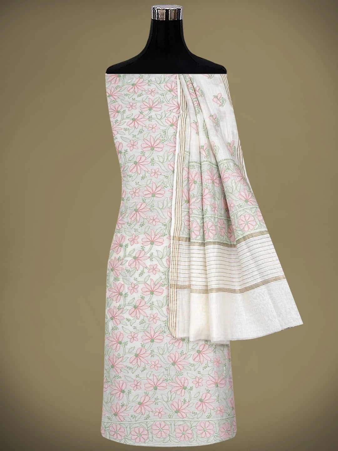 Ada Hand Embroidered white Chanderi Lucknowi Chikankari Unstitched Kurta Dupatta Set 01A920931