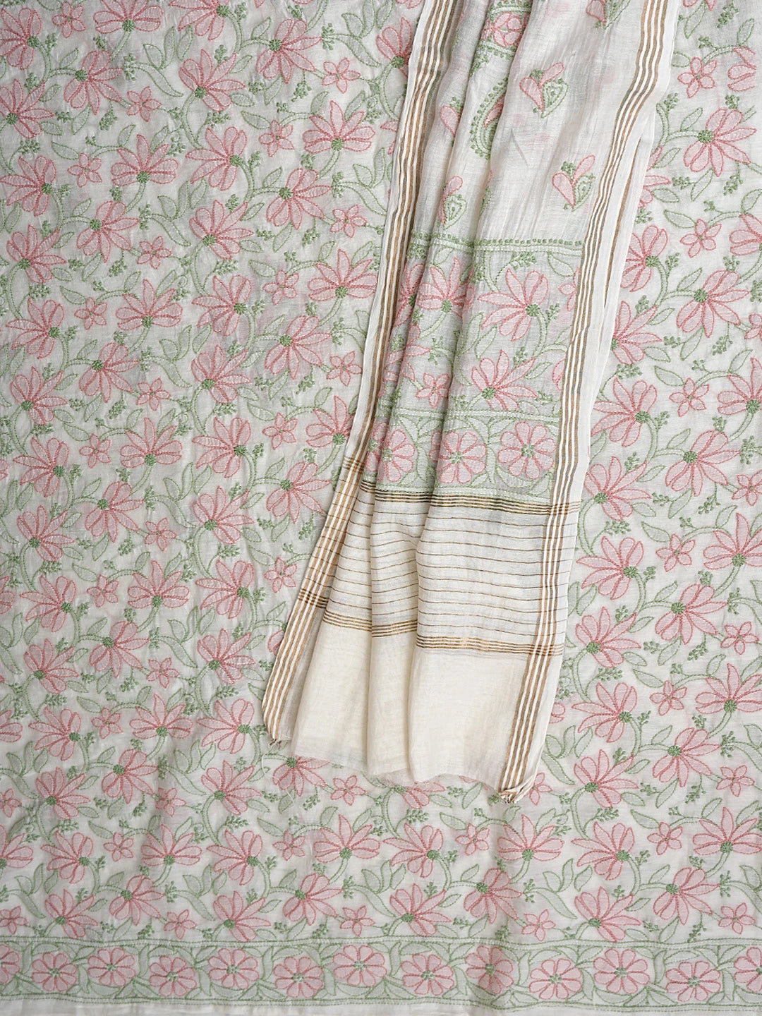 Ada Hand Embroidered white Chanderi Lucknowi Chikankari Unstitched Kurta Dupatta Set 01A920931