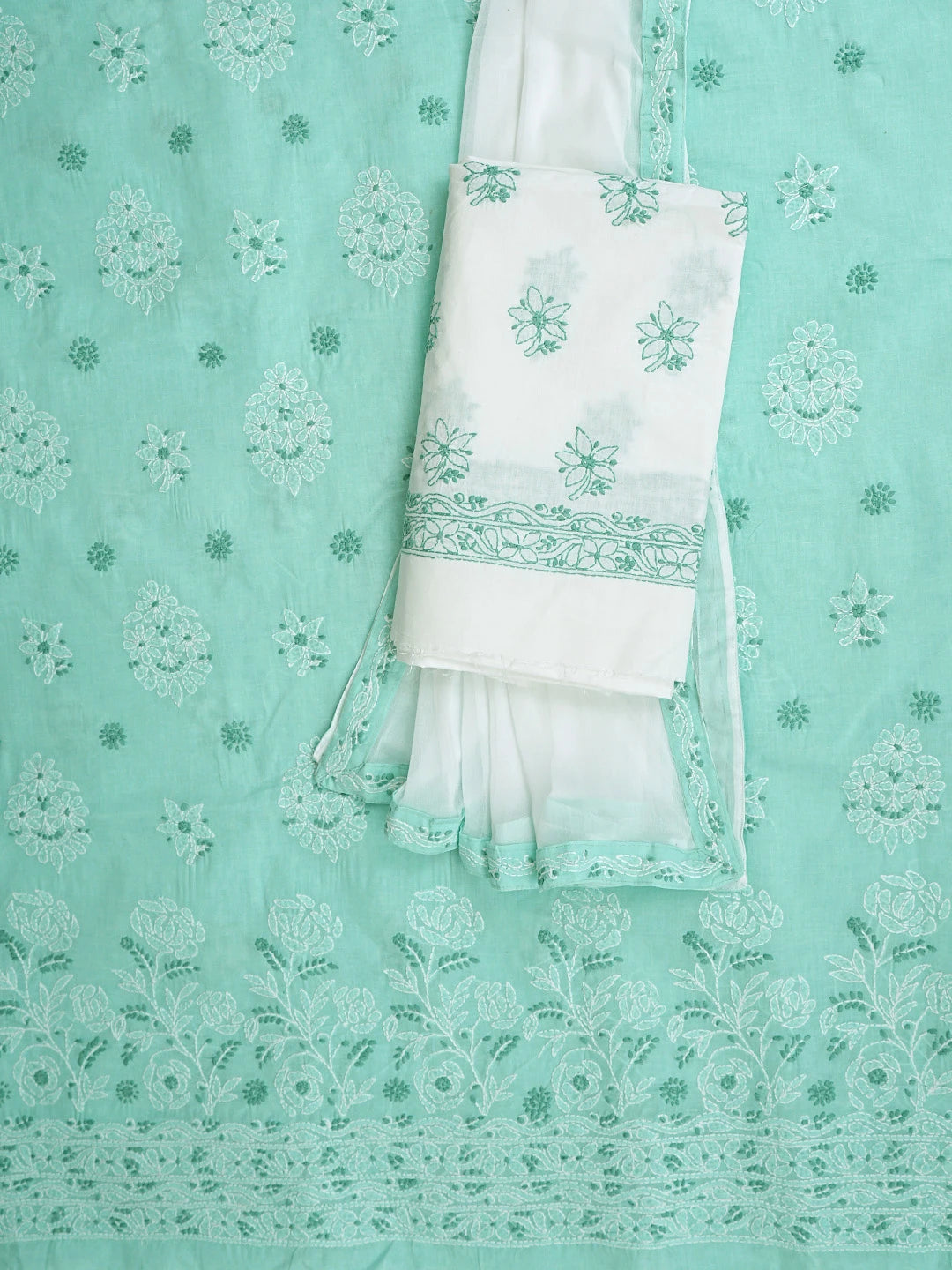 Ada Hand Embroidered Ice Blue Cotton Lucknowi Chikankari Unstitched Suit Piece 01A920974