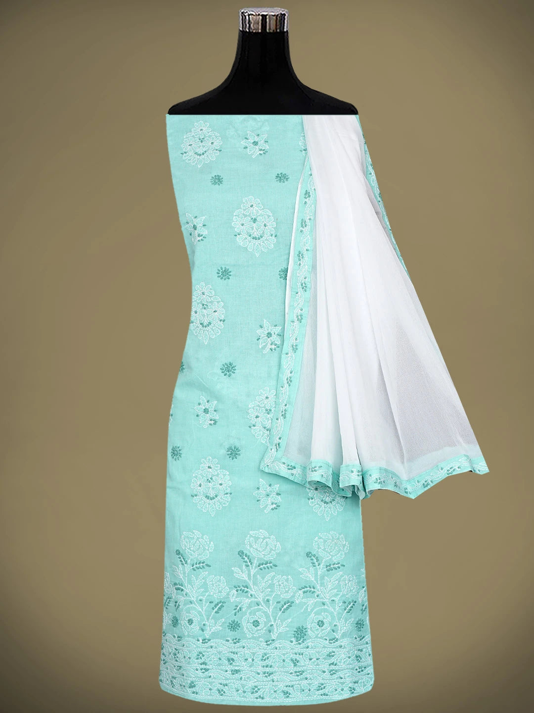 Ada Hand Embroidered Ice Blue Cotton Lucknowi Chikankari Unstitched Suit Piece 01A920974