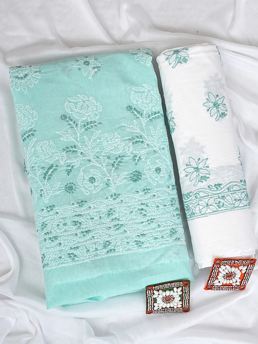 Ada Hand Embroidered Ice Blue Cotton Lucknowi Chikankari Unstitched Suit Piece 01A920974