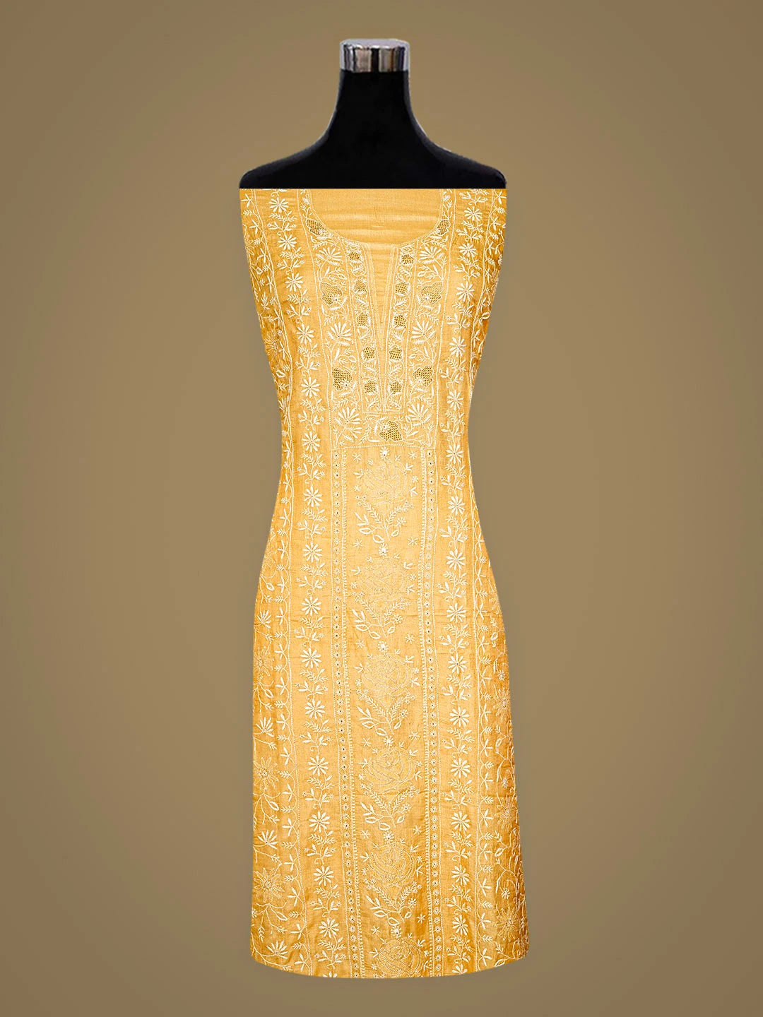 Ada Hand Embroidered Golden Yellow Tussar Silk Lucknowi Chikankari Unstitched Kurta Dupatta Set 01A891037