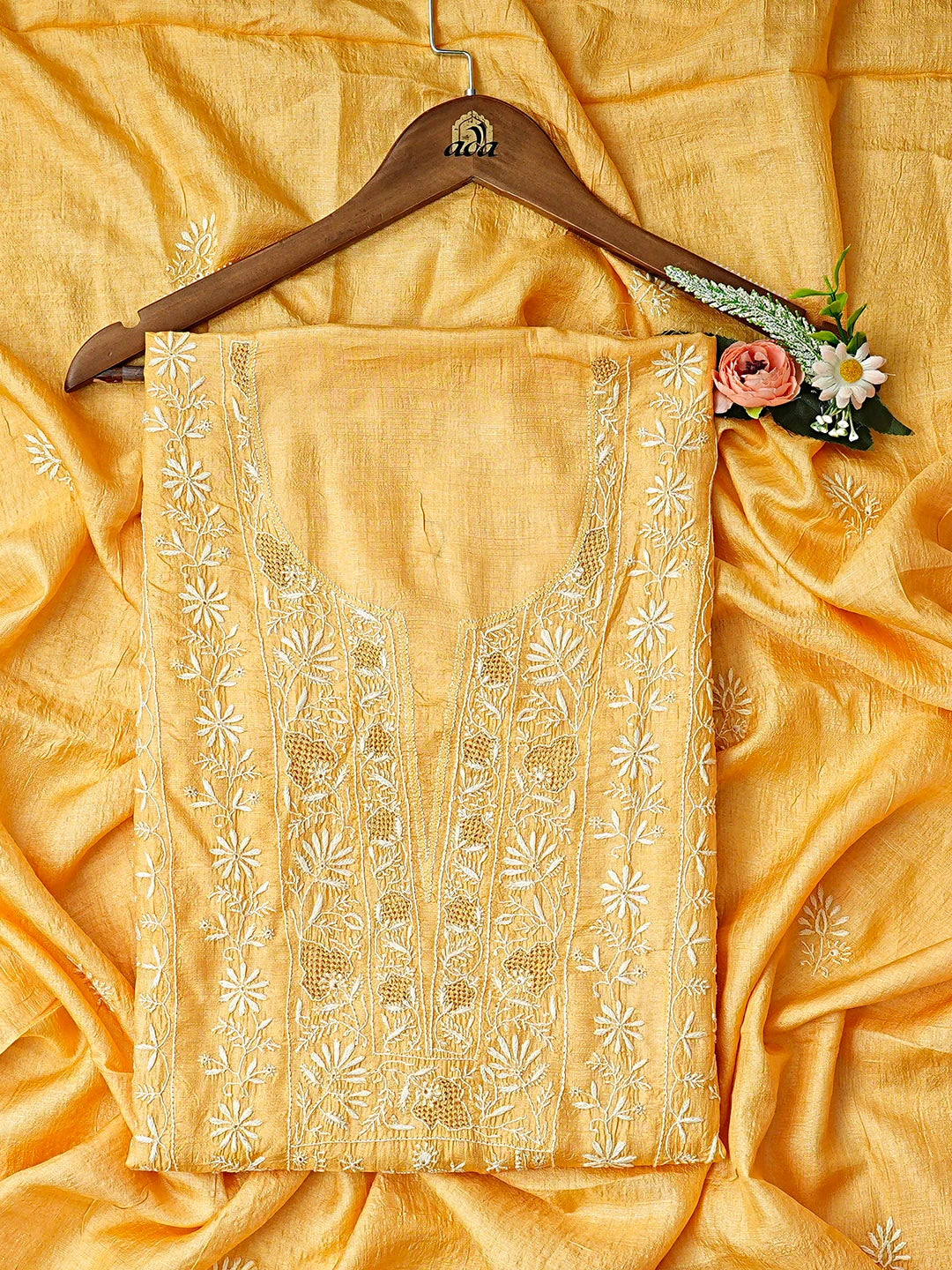 Ada Hand Embroidered Golden Yellow Tussar Silk Lucknowi Chikankari Unstitched Kurta Dupatta Set 01A891037