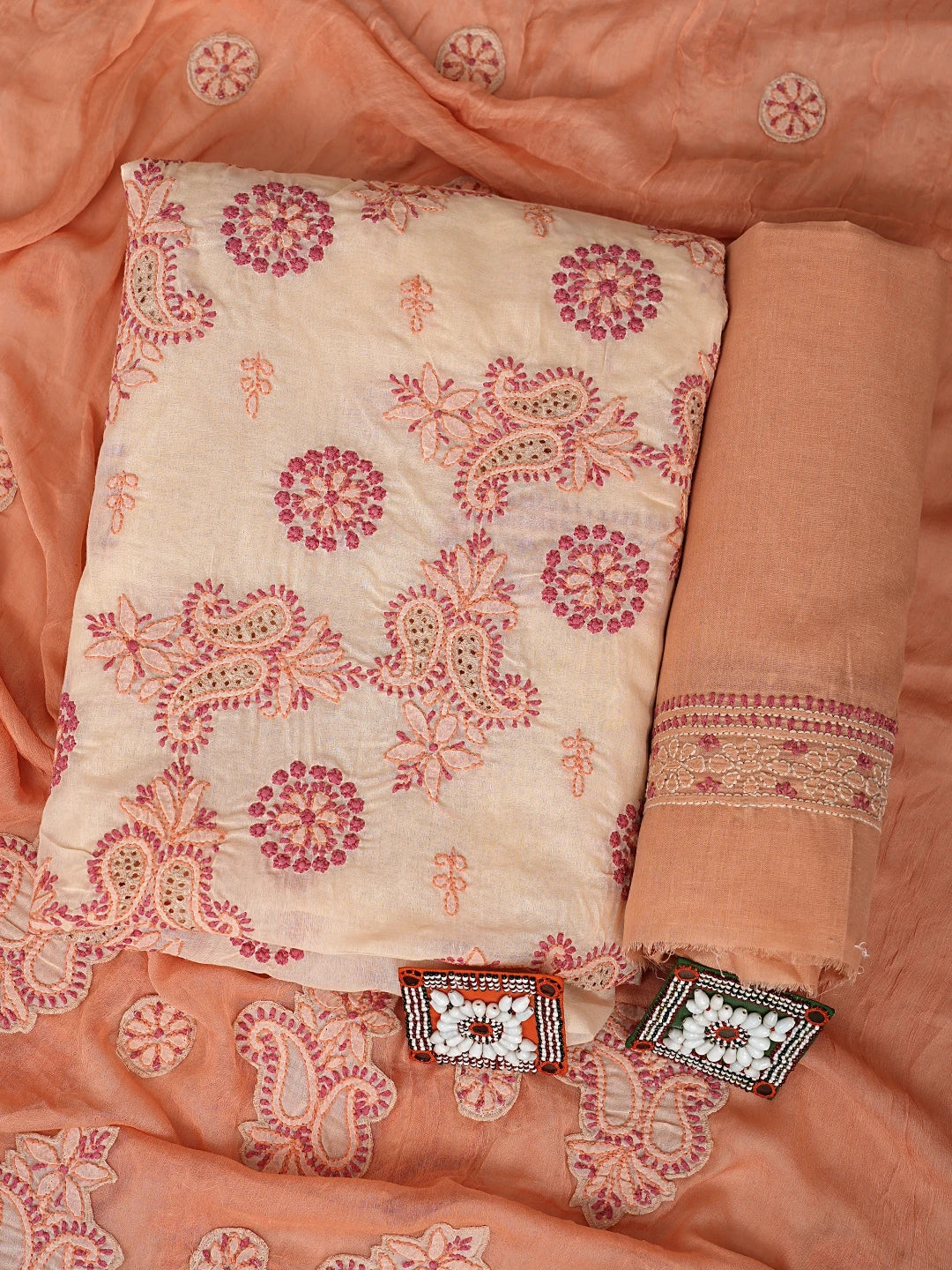 Ada Hand Embroidered Tan Brown Cotton Lucknowi Chikankari Unstitched Suit Piece 01A919370