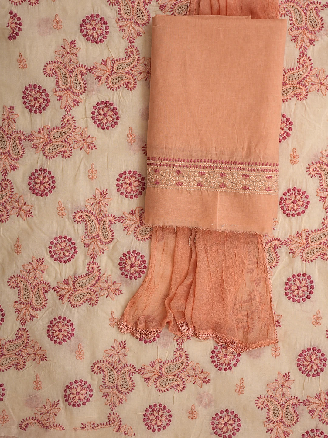 Ada Hand Embroidered Tan Brown Cotton Lucknowi Chikankari Unstitched Suit Piece 01A919370