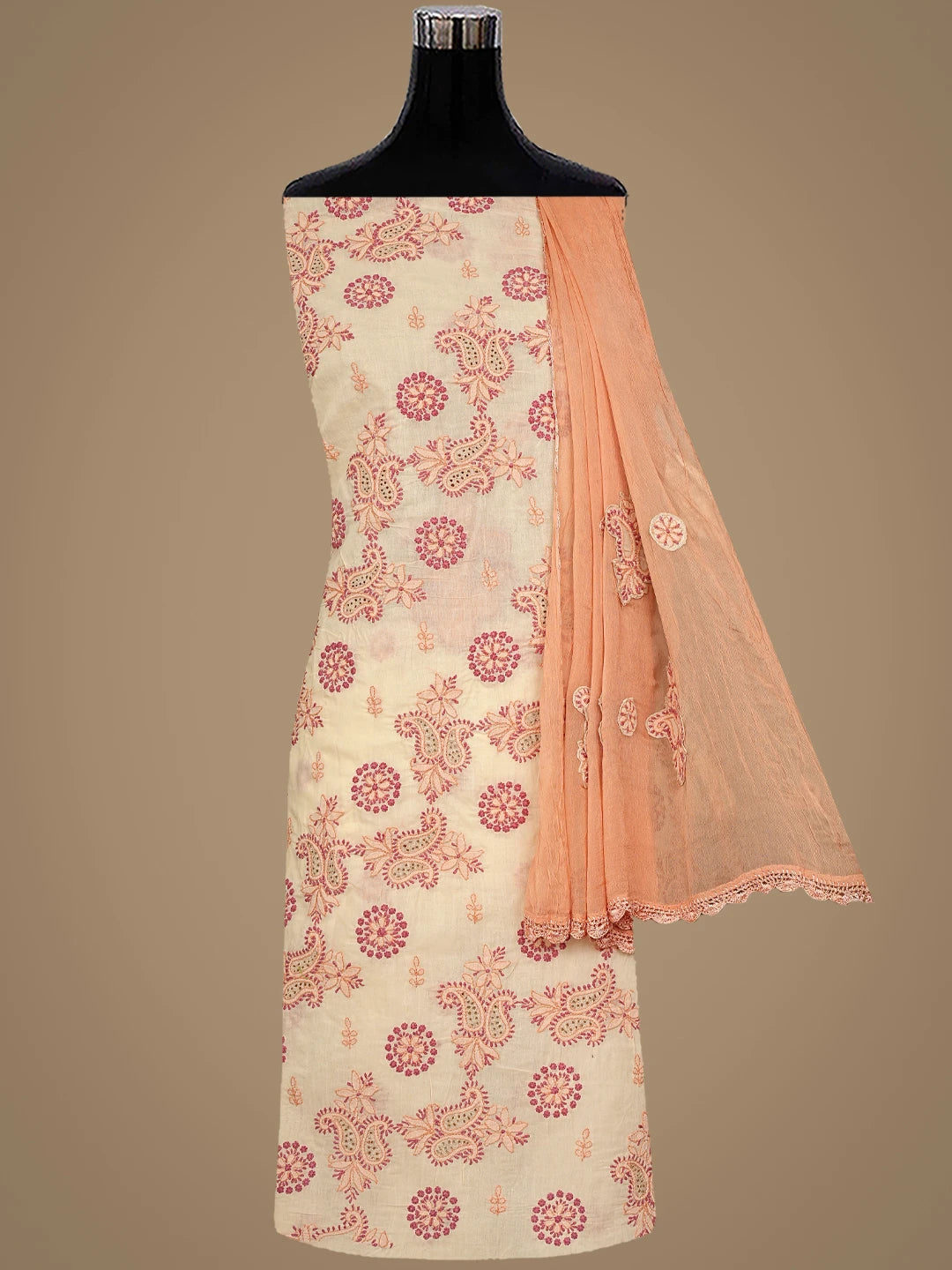 Ada Hand Embroidered Tan Brown Cotton Lucknowi Chikankari Unstitched Suit Piece 01A919370