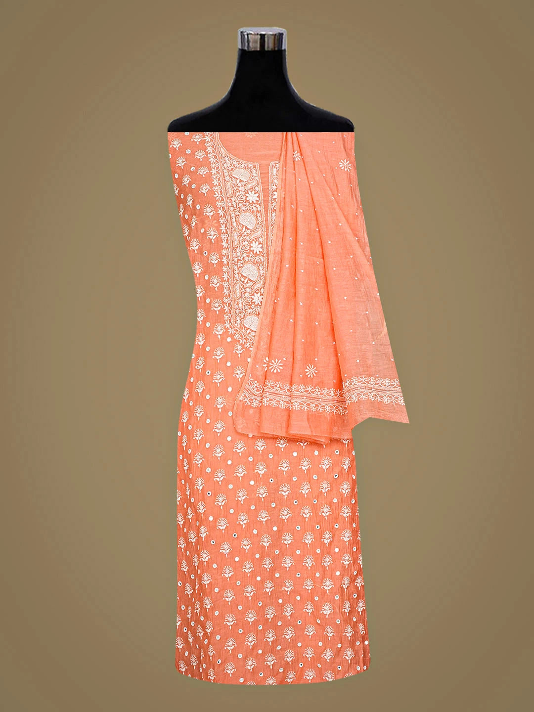 Ada Hand Embroidered Peach Chanderi Lucknowi Chikankari Semi-Stitched Kurta Dupatta Set With Cutdana Work 01A911776