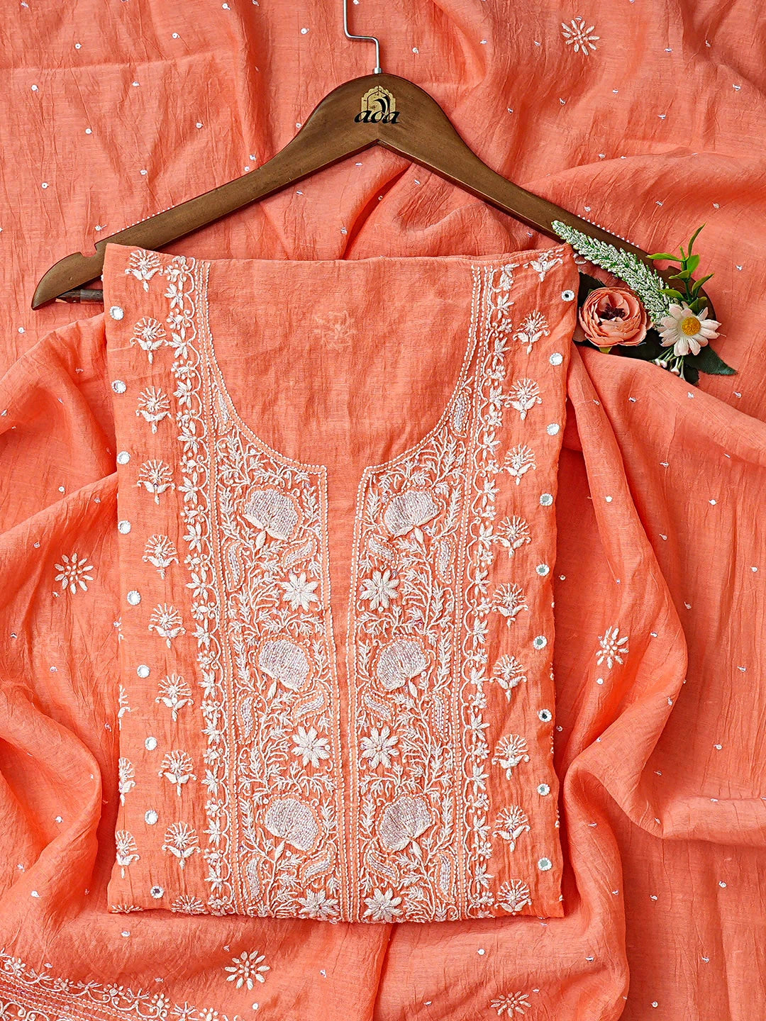 Ada Hand Embroidered Peach Chanderi Lucknowi Chikankari Semi-Stitched Kurta Dupatta Set With Cutdana Work 01A911776