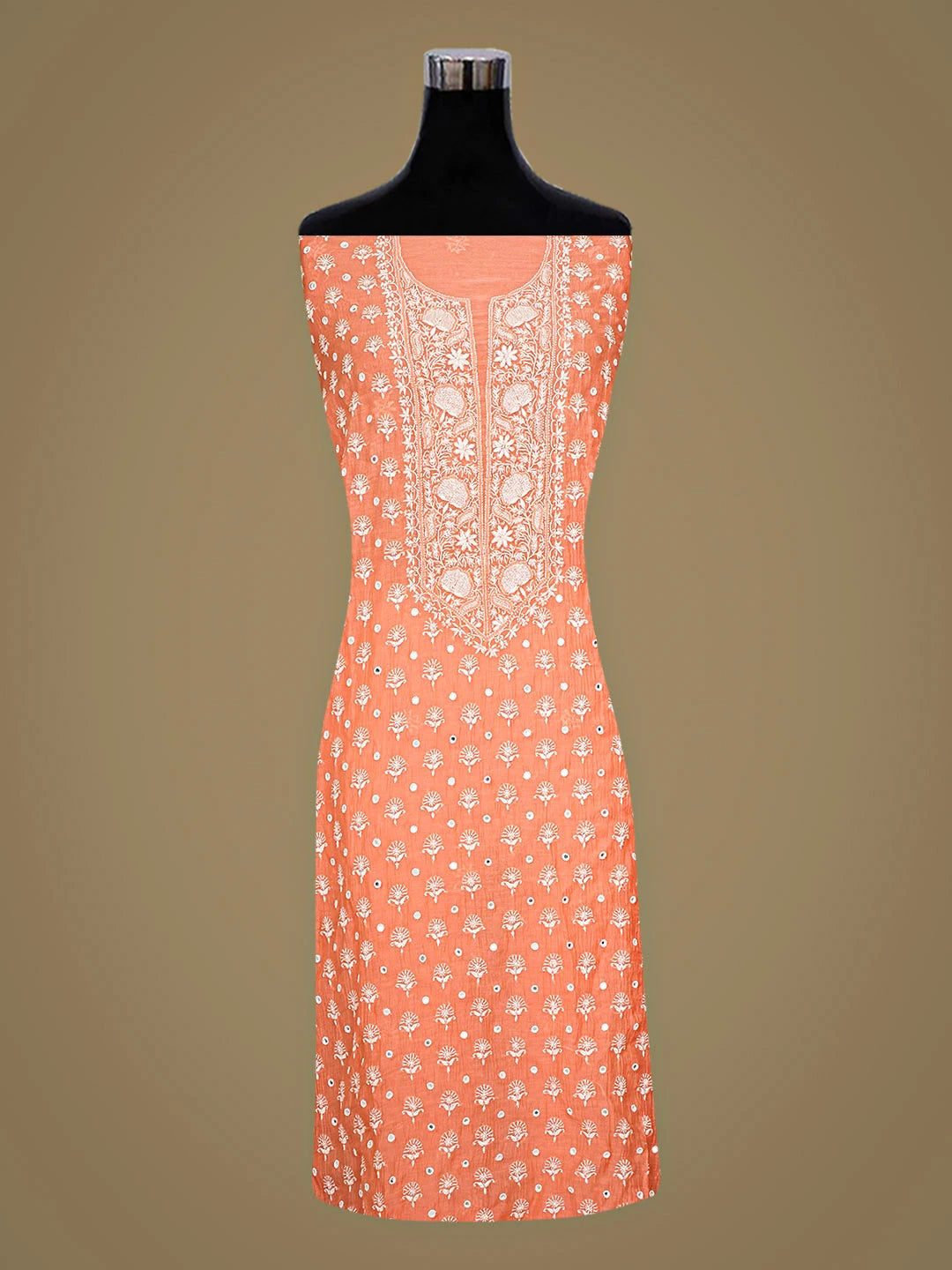 Ada Hand Embroidered Peach Chanderi Lucknowi Chikankari Semi-Stitched Kurta Dupatta Set With Cutdana Work 01A911776