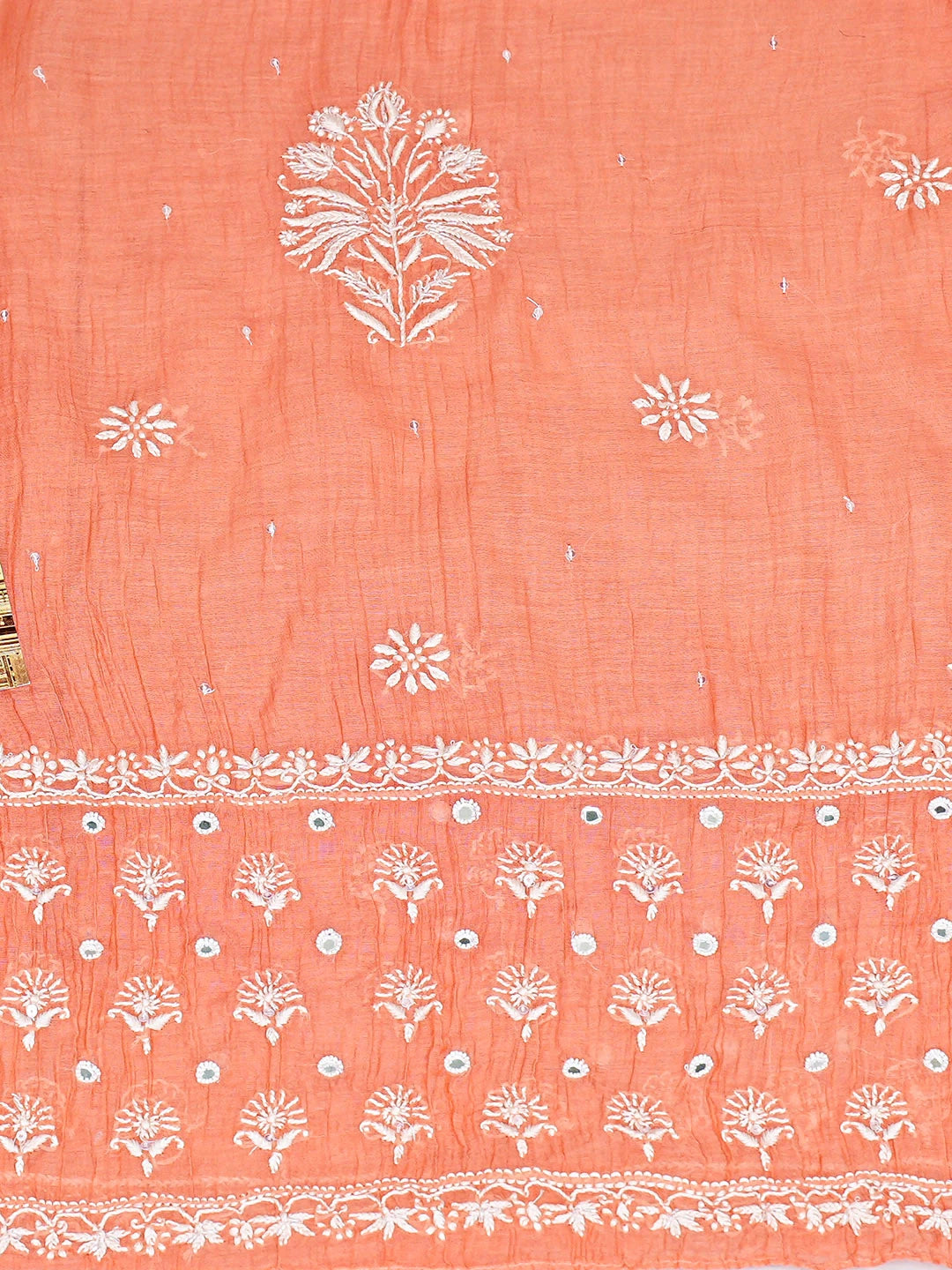 Ada Hand Embroidered Peach Chanderi Lucknowi Chikankari Semi-Stitched Kurta Dupatta Set With Cutdana Work 01A911776