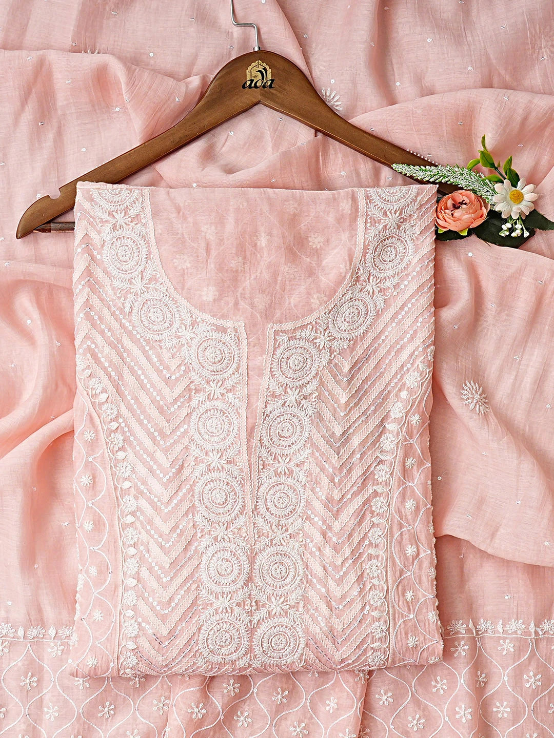 Ada Hand Embroidered Rose Pink Chanderi Lucknowi Chikankari Semi-Stitched Kurta Dupatta Set With Cutdana Work 01A915053