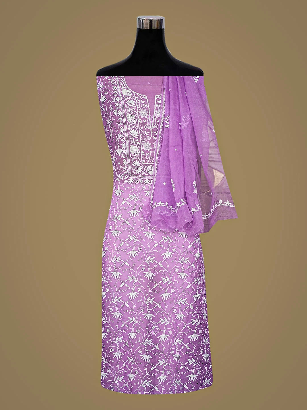 Ada Hand Embroidered Mauve Organza Lucknowi Chikankari Unstitched Kurta Dupatta Set With Pearl Work 01A856603