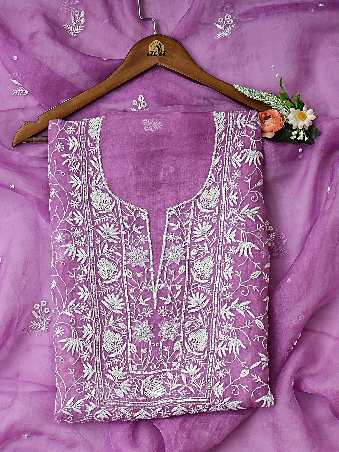 Ada Hand Embroidered Mauve Organza Lucknowi Chikankari Unstitched Kurta Dupatta Set With Pearl Work 01A856603