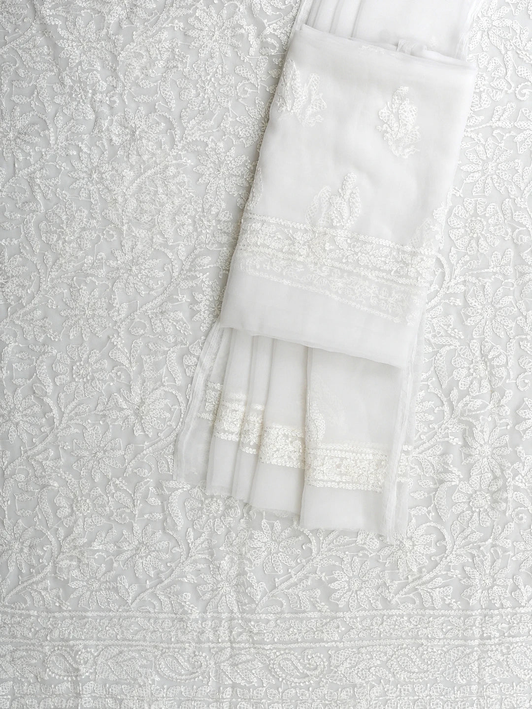 Ada Hand Embroidered White Georgette Lucknowi Chikankari Unstitched Suit Piece 01A915188