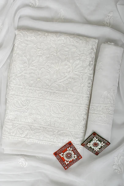 Ada Hand Embroidered White Georgette Lucknowi Chikankari Unstitched Suit Piece 01A915188