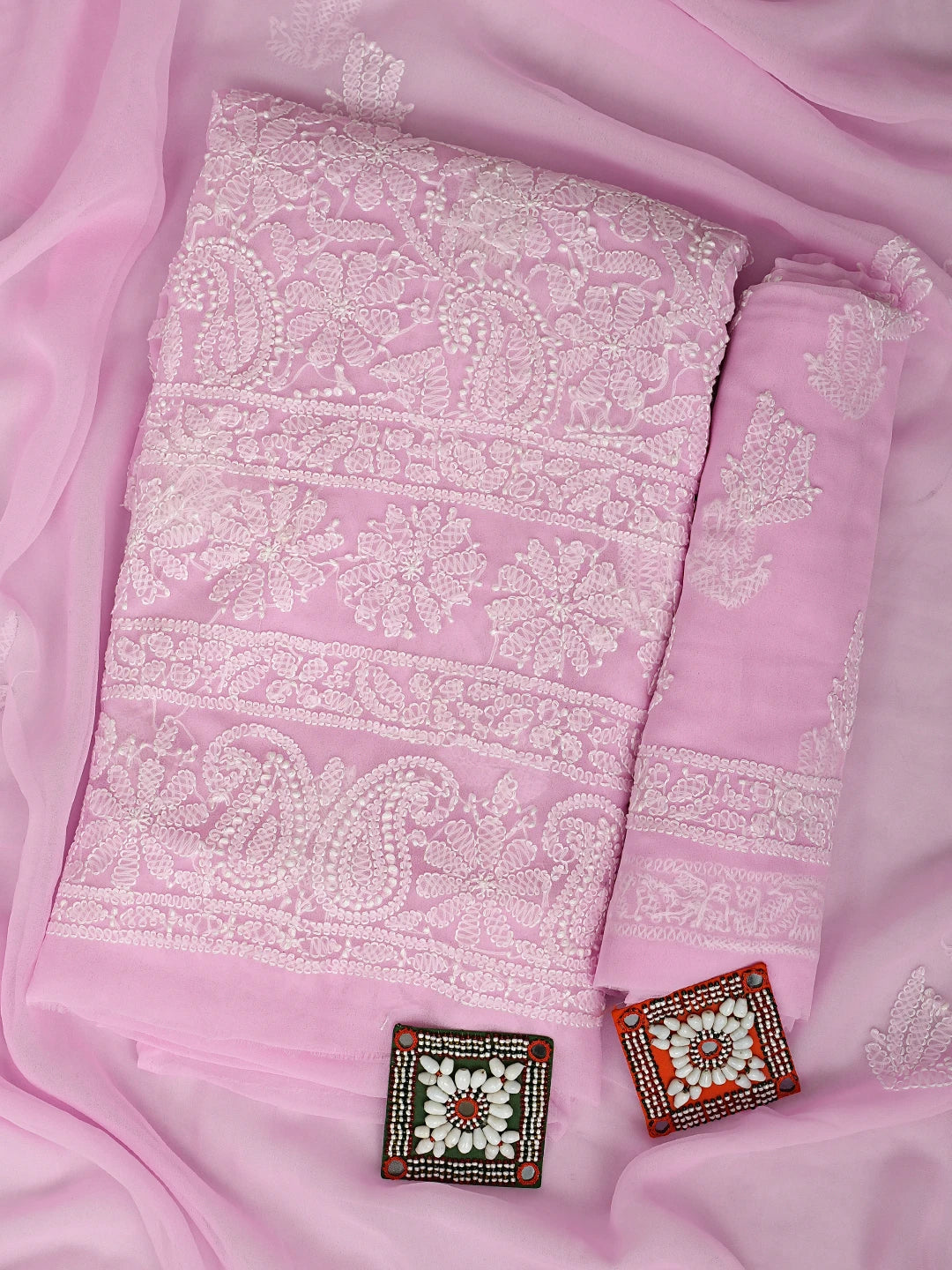 Ada Hand Embroidered Pink Georgette Lucknowi Chikankari Unstitched Suit Piece 01A915233