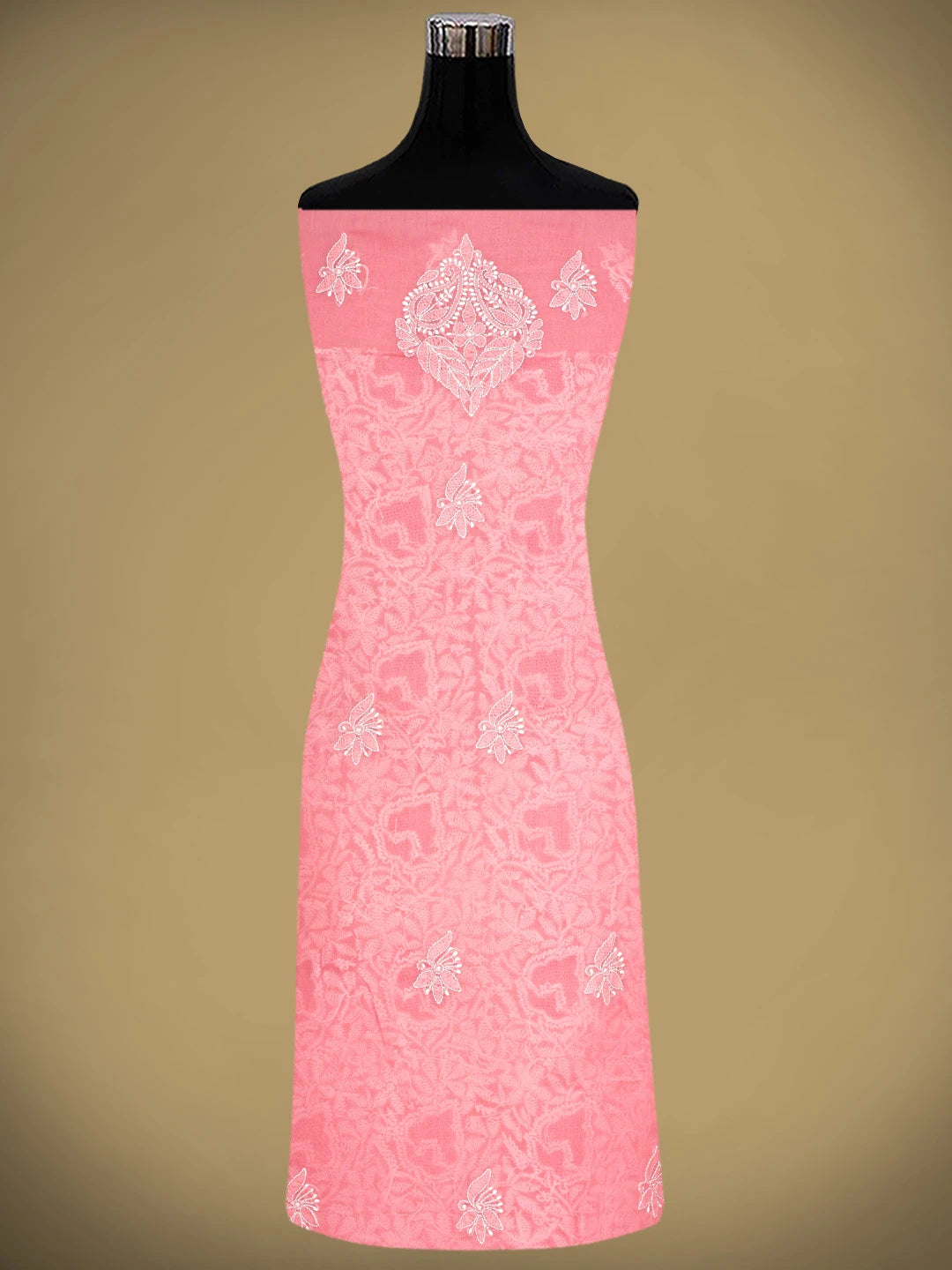 Ada Hand Embroidered Peach Cotton Lucknowi Chikankari Unstitched Suit Piece With Chiffon Dupatta 01A919433