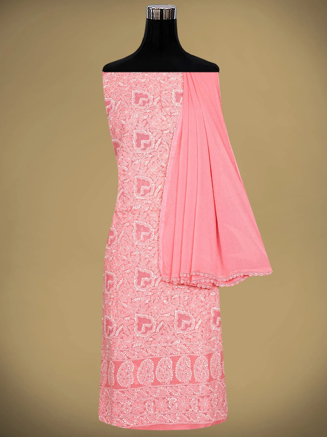Ada Hand Embroidered Peach Cotton Lucknowi Chikankari Unstitched Suit Piece With Chiffon Dupatta 01A919433