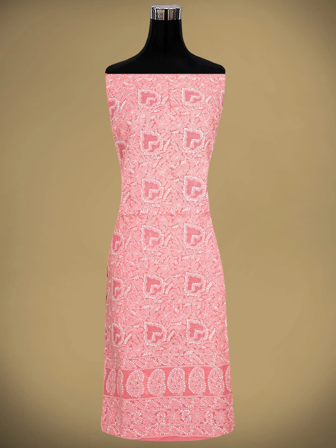 Ada Hand Embroidered Peach Cotton Lucknowi Chikankari Unstitched Suit Piece With Chiffon Dupatta 01A919433