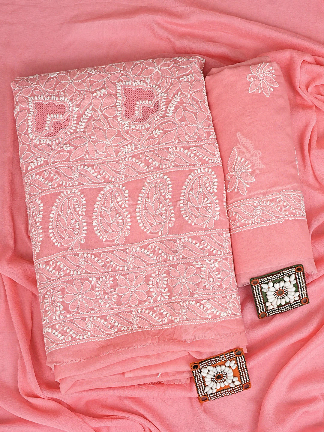 Ada Hand Embroidered Peach Cotton Lucknowi Chikankari Unstitched Suit Piece With Chiffon Dupatta 01A919433