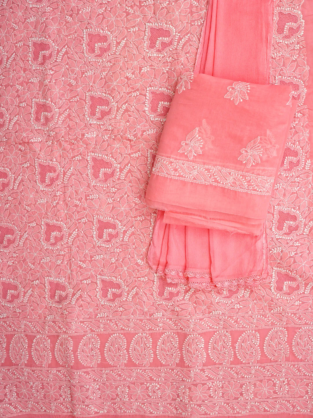 Ada Hand Embroidered Peach Cotton Lucknowi Chikankari Unstitched Suit Piece With Chiffon Dupatta 01A919433