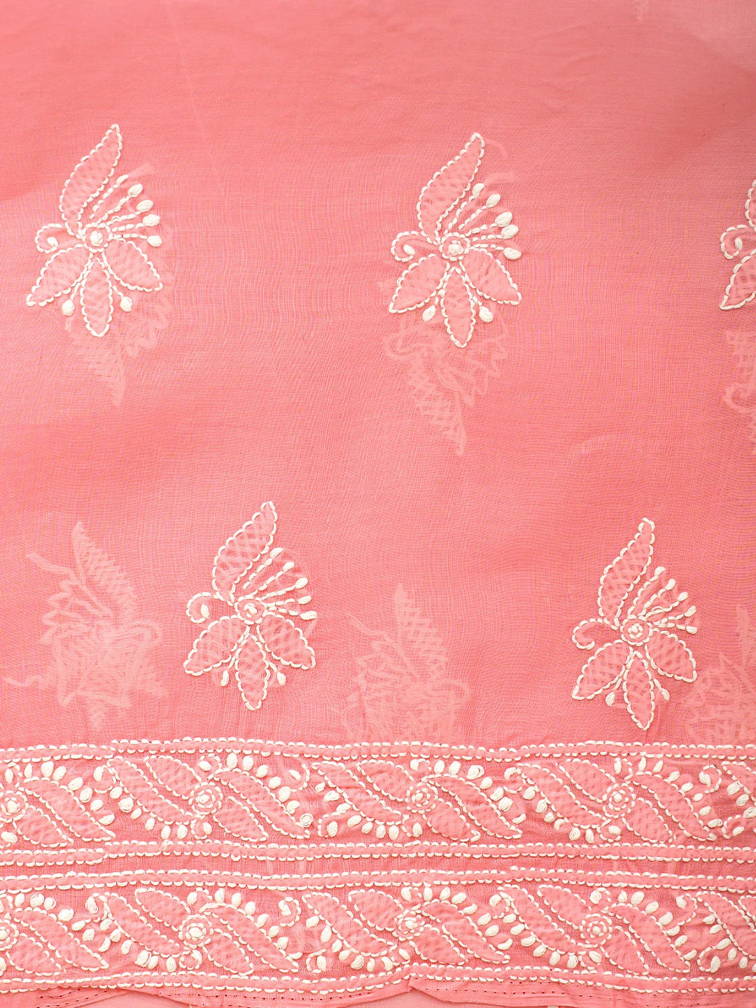Ada Hand Embroidered Peach Cotton Lucknowi Chikankari Unstitched Suit Piece With Chiffon Dupatta 01A919433