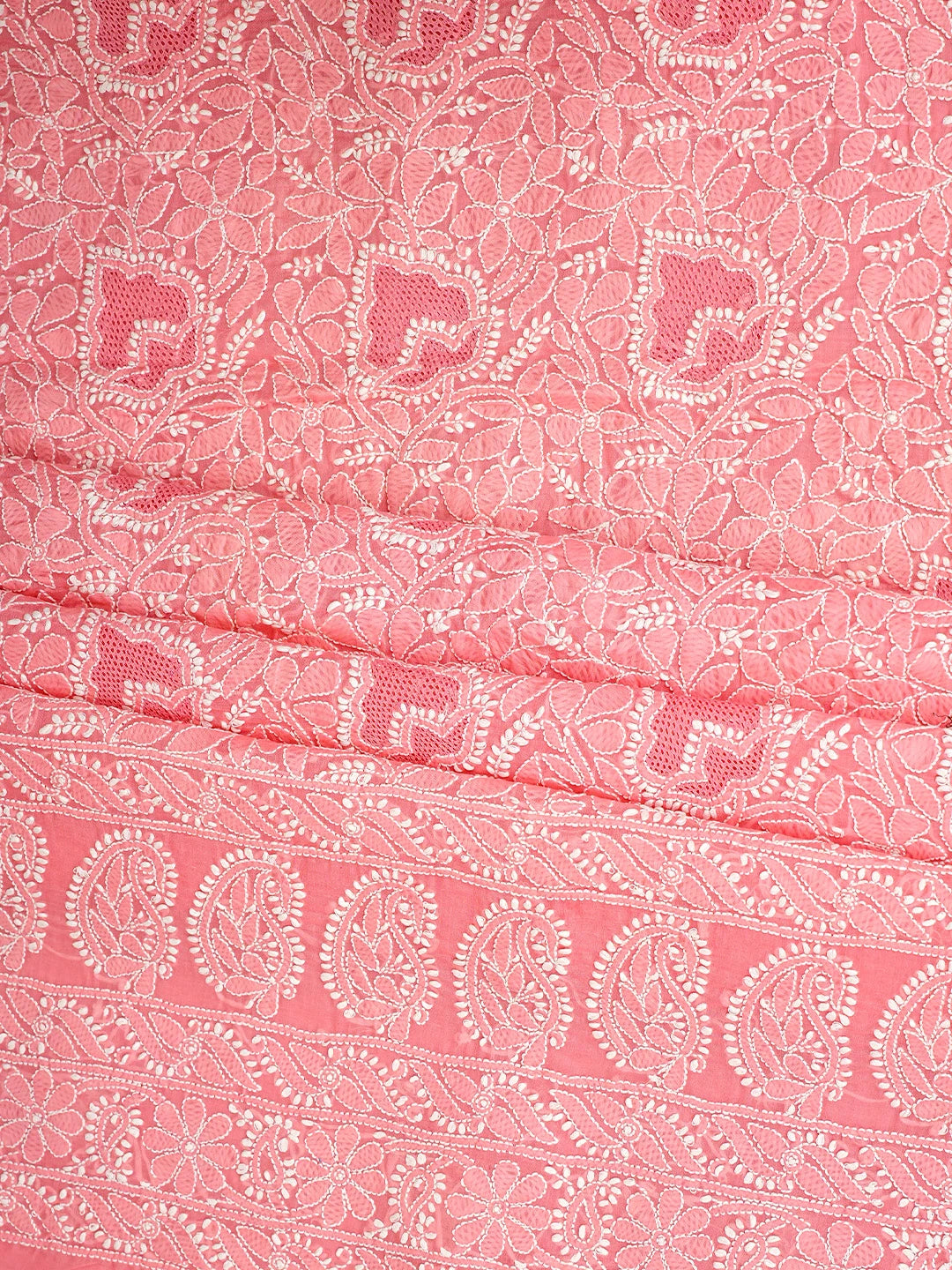 Ada Hand Embroidered Peach Cotton Lucknowi Chikankari Unstitched Suit Piece With Chiffon Dupatta 01A919433