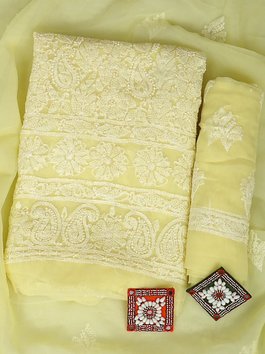 Ada Hand Embroidered Lemon Georgette Lucknowi Chikankari Unstitched Suit Piece 01A915229