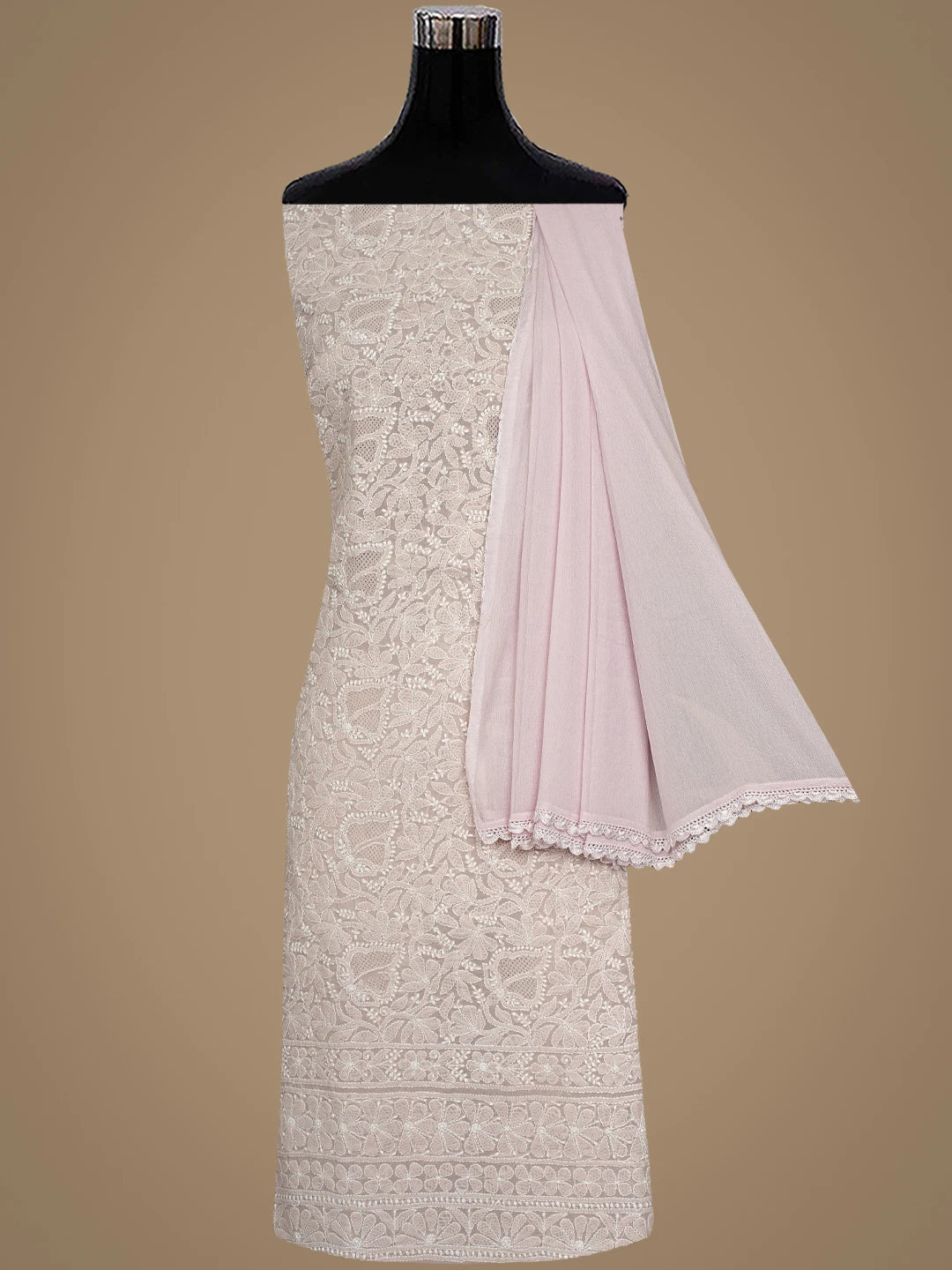 Ada Hand Embroidered Powder Petal Cotton Lucknowi Chikankari Unstitched Suit Piece With Chiffon Dupatta 01A919462